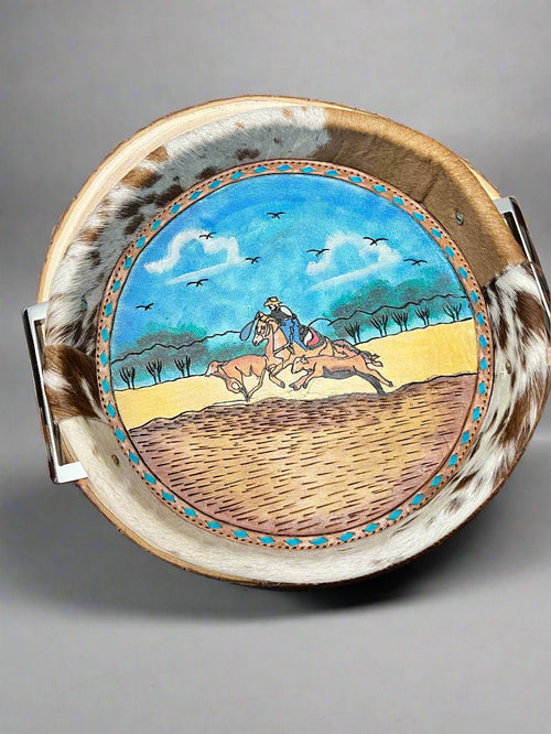 Tooled Leather & Painted Tray - Roper - Cowhide and Conchos
