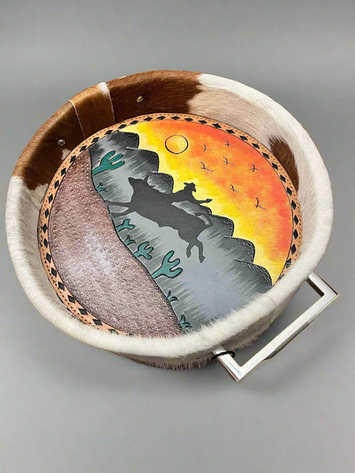 Tooled Leather & Painted Tray - Sunset Bull Rider - Cowhide and Conchos