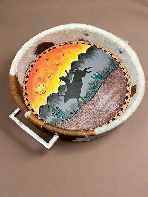 Tooled Leather & Painted Tray - Sunset Bull Rider - Cowhide and Conchos