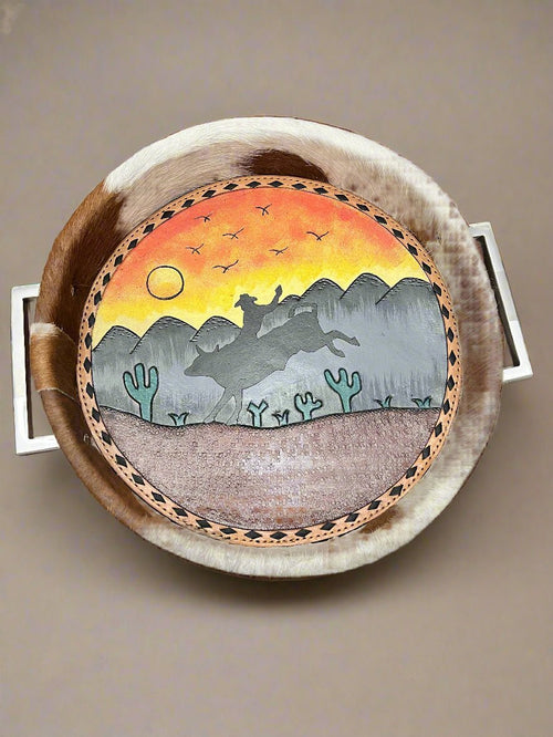 Tooled Leather & Painted Tray - Sunset Bull Rider - Cowhide and Conchos