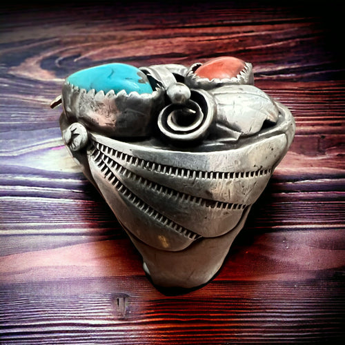 Turquoise and Coral Ring - Size 10 - Cowhide and Conchos