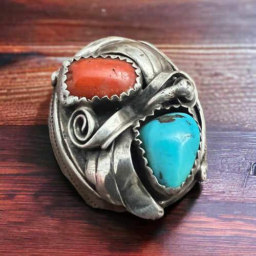Turquoise and Coral Ring - Size 10 - Cowhide and Conchos