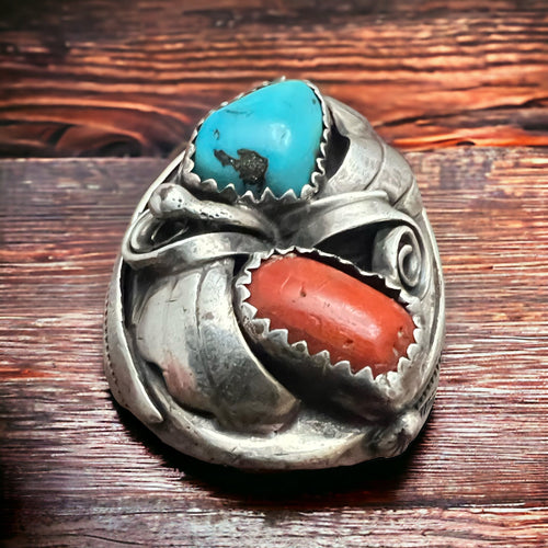 Turquoise and Coral Ring - Size 10 - Cowhide and Conchos