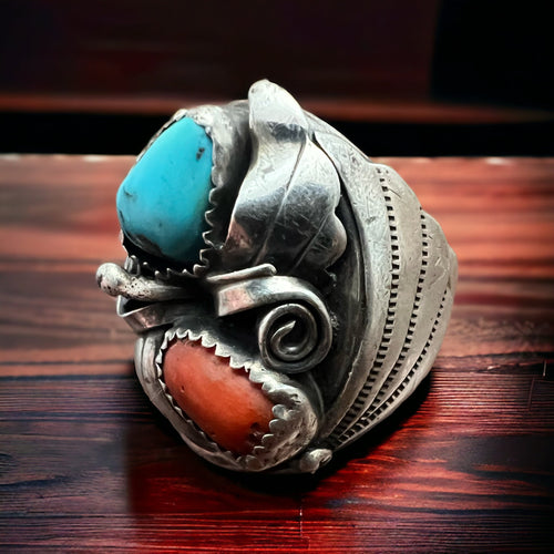 Turquoise and Coral Ring - Size 10 - Cowhide and Conchos