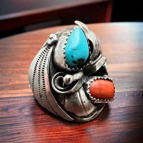Turquoise and Coral Ring - Size 10 - Cowhide and Conchos