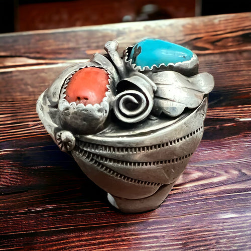 Turquoise and Coral Ring - Size 10 - Cowhide and Conchos