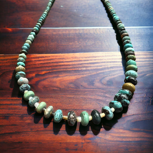 Turquoise and shell Rondelle Necklace - 22 Inch - Cowhide and Conchos