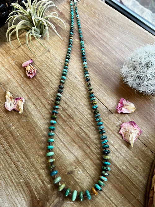 Turquoise and shell Rondelle Necklace - 22 Inch - Cowhide and Conchos
