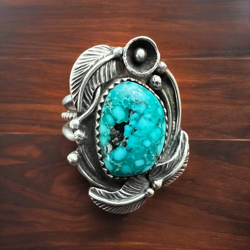 Turquoise and sterling artisan ring - Size 8 - Cowhide and Conchos