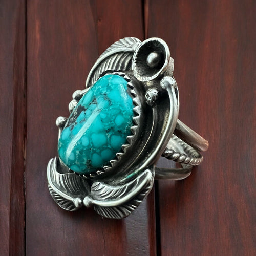 Turquoise and sterling artisan ring - Size 8 - Cowhide and Conchos