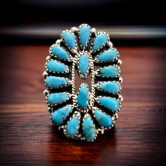 Turquoise and Sterling Silver Cluster Ring - Size 8 by Zeita Begay - Cowhide and Conchos