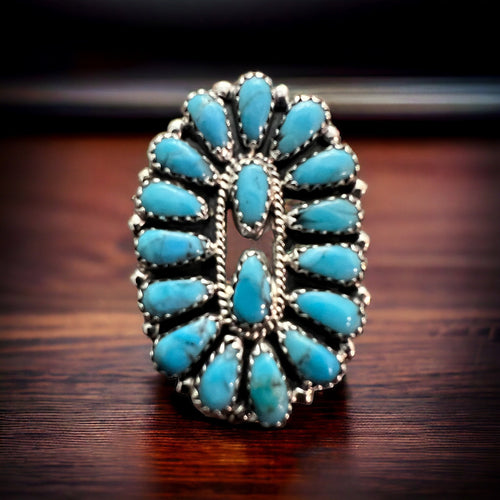 Turquoise and Sterling Silver Cluster Ring - Size 8 by Zeita Begay - Cowhide and Conchos