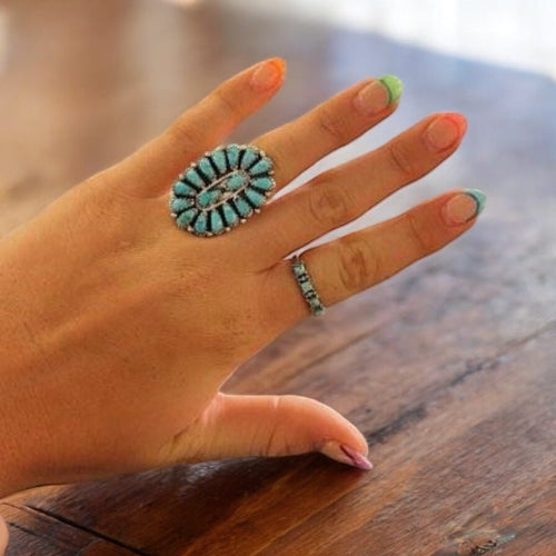 Turquoise and Sterling Silver Cluster Ring - Size 8 by Zeita Begay - Cowhide and Conchos