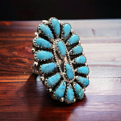 Turquoise and Sterling Silver Cluster Ring - Size 8 by Zeita Begay - Cowhide and Conchos