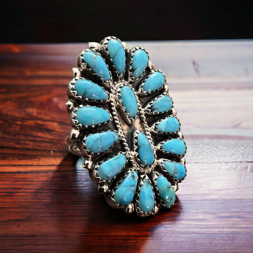 Turquoise and Sterling Silver Cluster Ring - Size 8 by Zeita Begay - Cowhide and Conchos