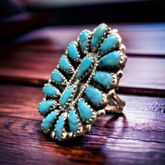Turquoise and Sterling Silver Cluster Ring - Size 8 by Zeita Begay - Cowhide and Conchos