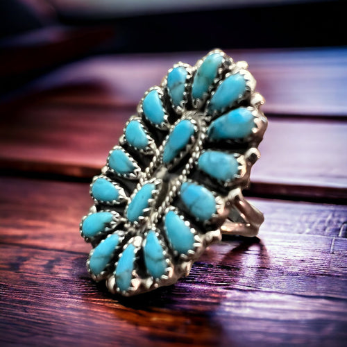 Turquoise and Sterling Silver Cluster Ring - Size 8 by Zeita Begay - Cowhide and Conchos