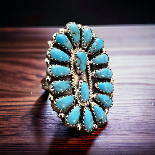 Turquoise and Sterling Silver Cluster Ring - Size 8 by Zeita Begay - Cowhide and Conchos