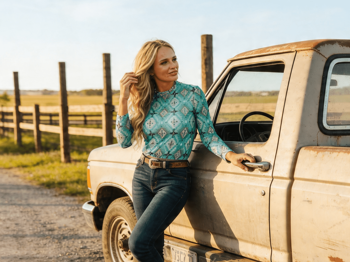 Turquoise Aztec Printed Long Sleeve Mesh Tops - Cowhide and Conchos