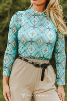 Turquoise Aztec Printed Long Sleeve Mesh Tops - Cowhide and Conchos