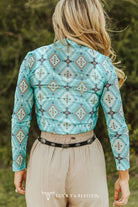 Turquoise Aztec Printed Long Sleeve Mesh Tops - Cowhide and Conchos