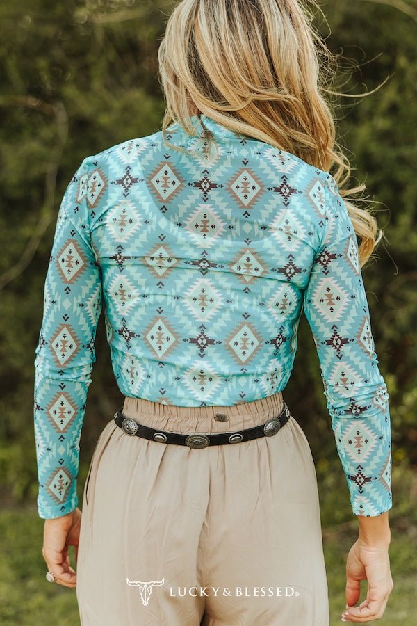 Turquoise Aztec Printed Long Sleeve Mesh Tops - Cowhide and Conchos