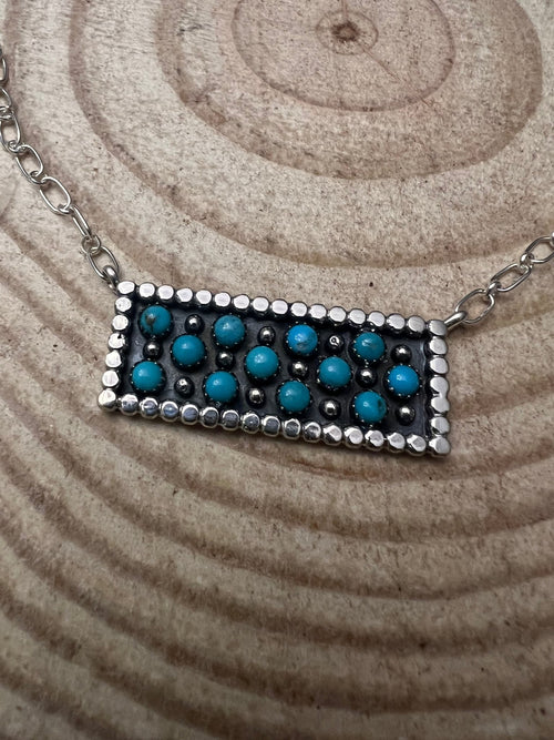 Turquoise Bar Necklace Pendant by Kenny Lonjose - 18 inch - Cowhide and Conchos