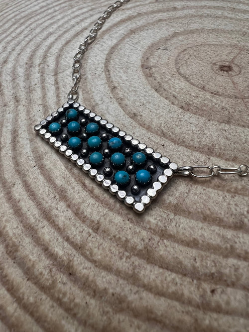 Turquoise Bar Necklace Pendant by Kenny Lonjose - 18 inch - Cowhide and Conchos