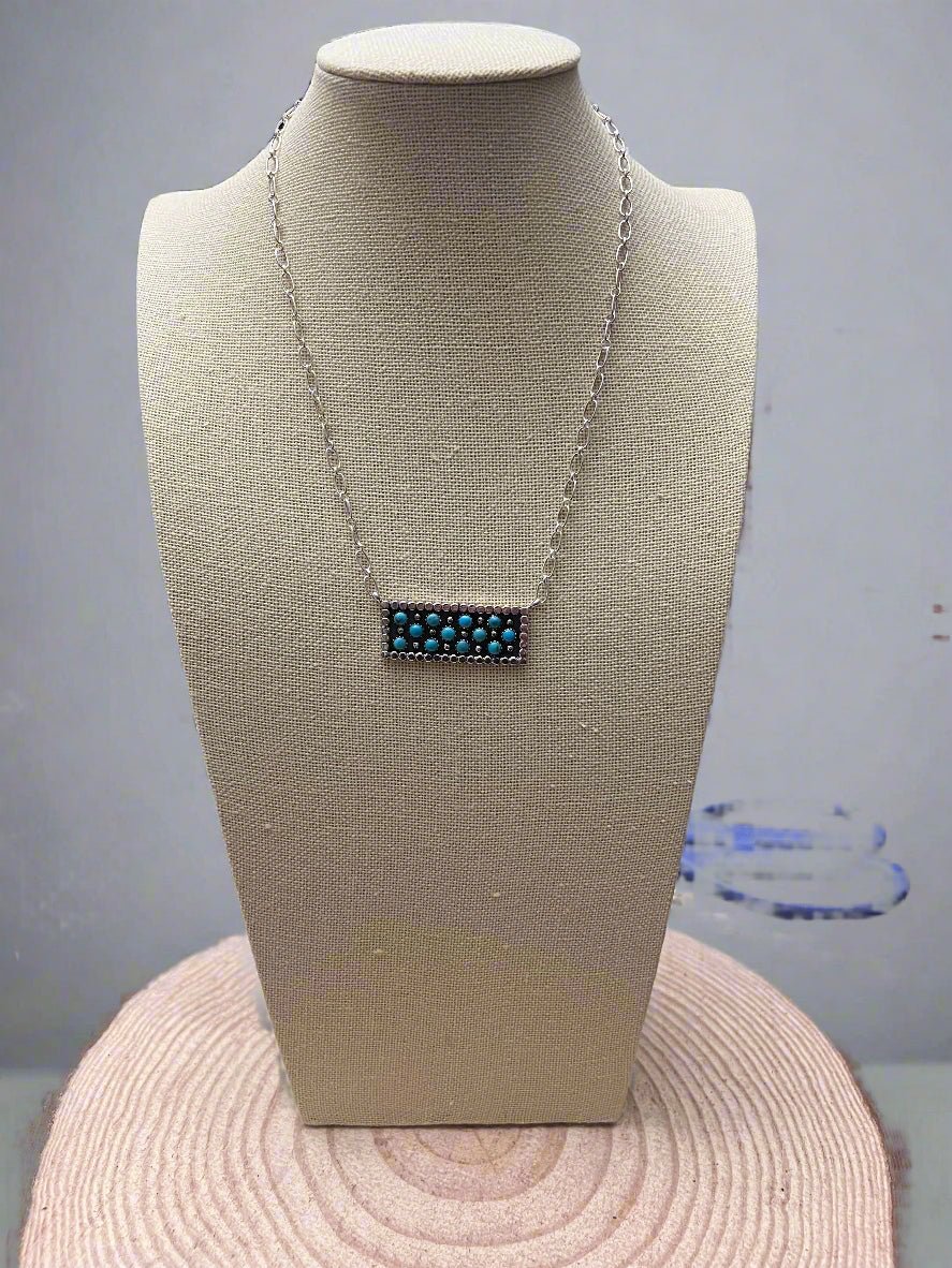 Turquoise Bar Necklace Pendant by Kenny Lonjose - 18 inch - Cowhide and Conchos