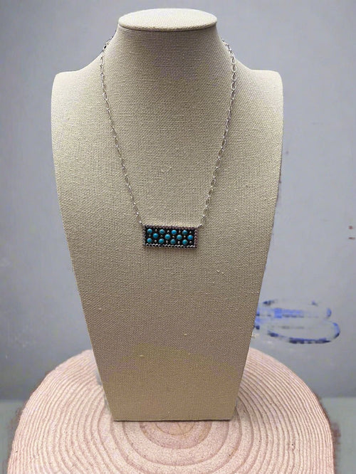 Turquoise Bar Necklace Pendant by Kenny Lonjose - 18 inch - Cowhide and Conchos
