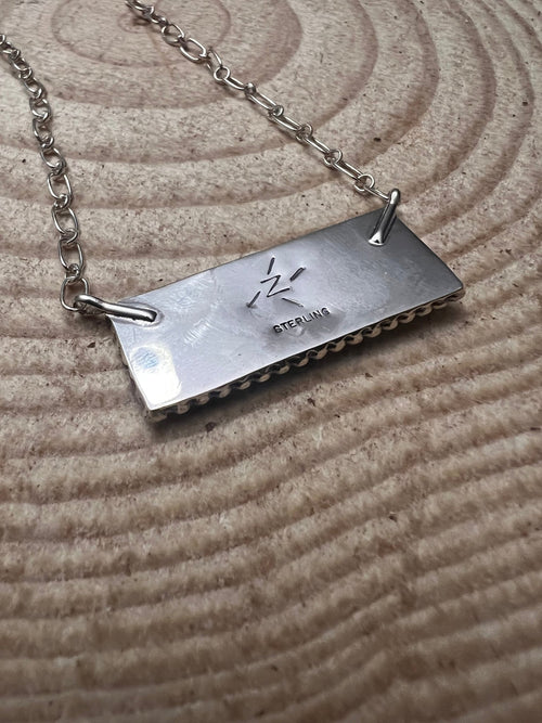 Turquoise Bar Necklace Pendant by Kenny Lonjose - 18 inch - Cowhide and Conchos
