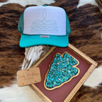 Turquoise Boot Stitch Print Trucker Hat - Cowhide and Conchos