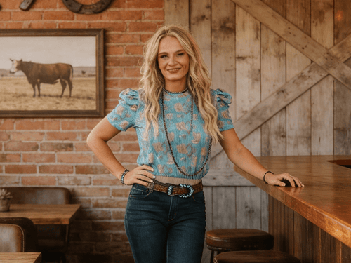 Turquoise Boots Printed Puff Short Sleeve Top - Cowhide and Conchos