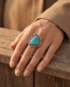 Turquoise Cabochon Sterling Silver Flower-Base Ring — Size 7 - Cowhide and Conchos