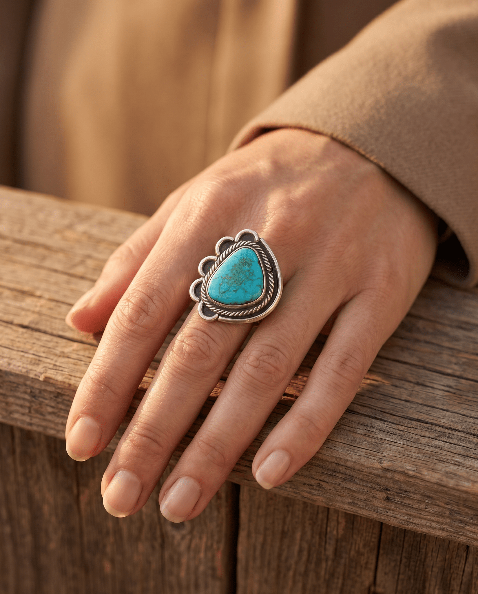 Turquoise Cabochon Sterling Silver Flower-Base Ring — Size 7 - Cowhide and Conchos