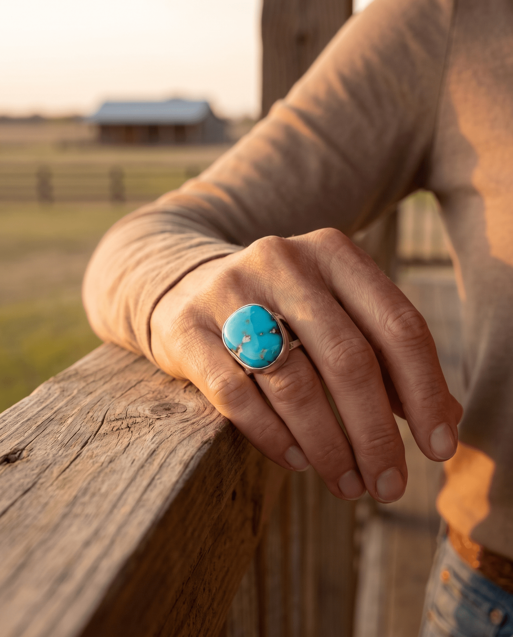 Turquoise Cabochon Sterling Silver Split-Band Statement Ring — Size 12.5 - Cowhide and Conchos