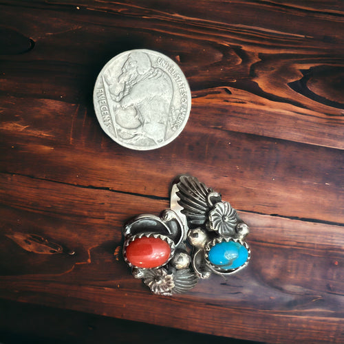 Turquoise, Coral & Sterling Silver Ring by Etta Belin - Size 8 - Cowhide and Conchos