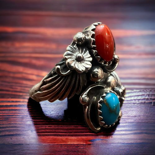 Turquoise, Coral & Sterling Silver Ring by Etta Belin - Size 8 - Cowhide and Conchos
