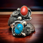 Turquoise, Coral & Sterling Silver Ring by Etta Belin - Size 8 - Cowhide and Conchos