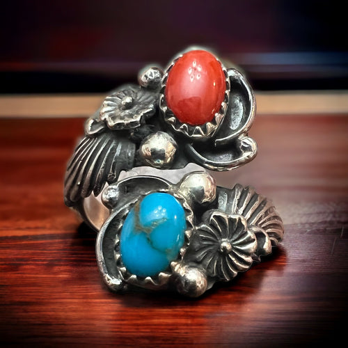 Turquoise, Coral & Sterling Silver Ring by Etta Belin - Size 8 - Cowhide and Conchos