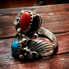 Turquoise, Coral & Sterling Silver Ring by Etta Belin - Size 8 - Cowhide and Conchos