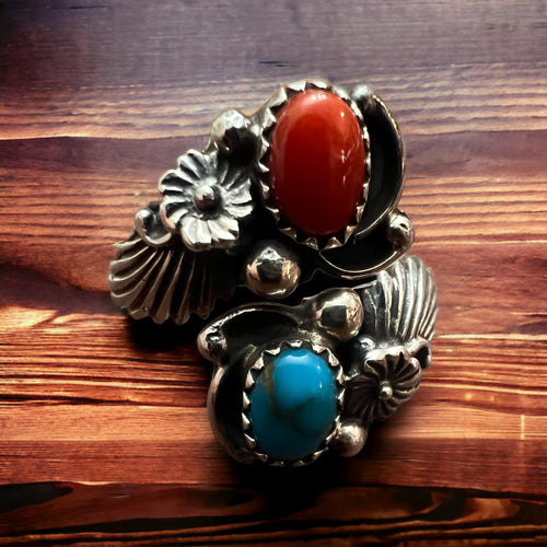 Turquoise, Coral & Sterling Silver Ring by Etta Belin - Size 8 - Cowhide and Conchos