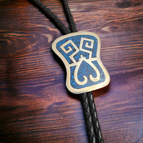 Turquoise inlay & Sterling Silver Bolo Tie - Cowhide and Conchos