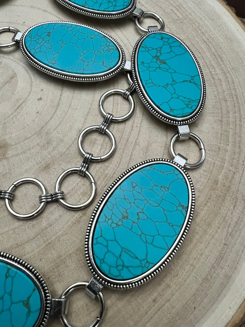 Turquoise Lynx Western Concho Belt - Small/Medium or Medium/Large - Cowhide and Conchos