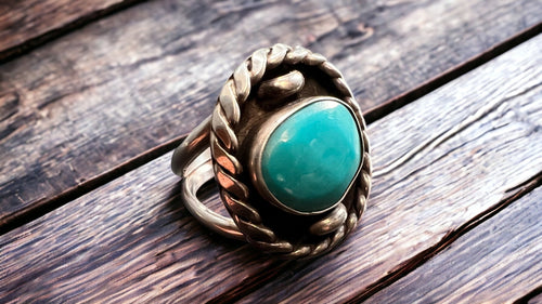Turquoise ring - beautiful large cabochon on sterling oval shadow box style base - Size 7.5 - Cowhide and Conchos