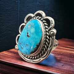 Turquoise Ring - Gorgeous Blue & Hand stamping on Sterling - Size 7 - Cowhide and Conchos