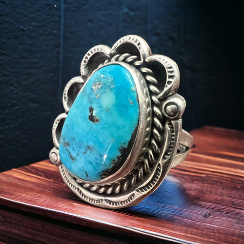 Turquoise Ring - Gorgeous Blue & Hand stamping on Sterling - Size 7 - Cowhide and Conchos