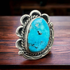 Turquoise Ring - Gorgeous Blue & Hand stamping on Sterling - Size 7 - Cowhide and Conchos