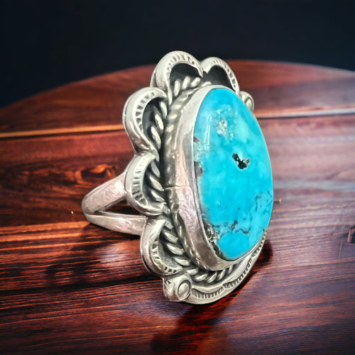 Turquoise Ring - Gorgeous Blue & Hand stamping on Sterling - Size 7 - Cowhide and Conchos