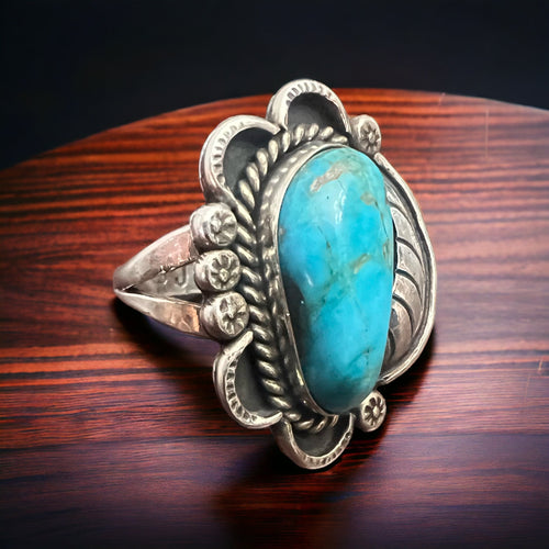 Turquoise Ring with Sterling Leaf - Size 7.5 - Cowhide and Conchos